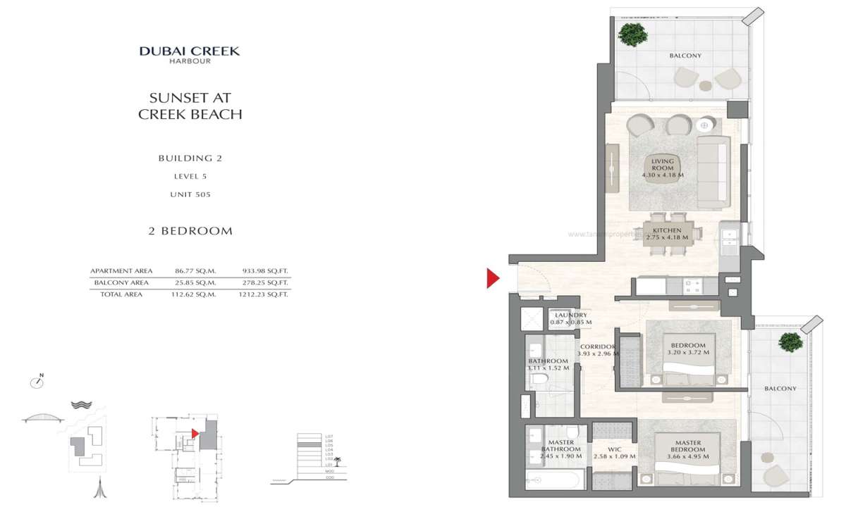 Building 2 - 2 Bedroom Level 5 Unit 505, Size 1212.23 sq ft